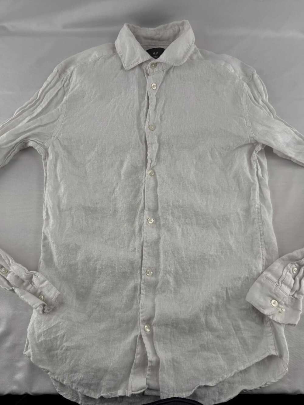 H&M White Linen Long Sleeve Button Down Shirt Men's Slim Fit Size Small